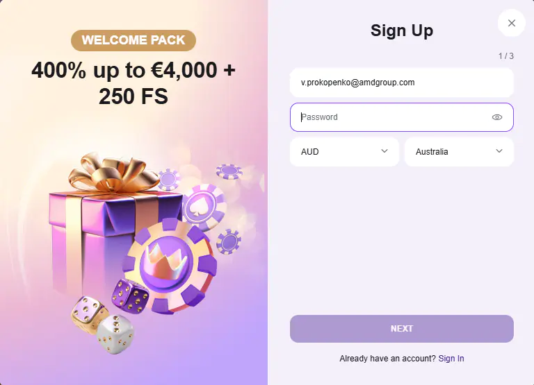 CrownSlots casino registration form