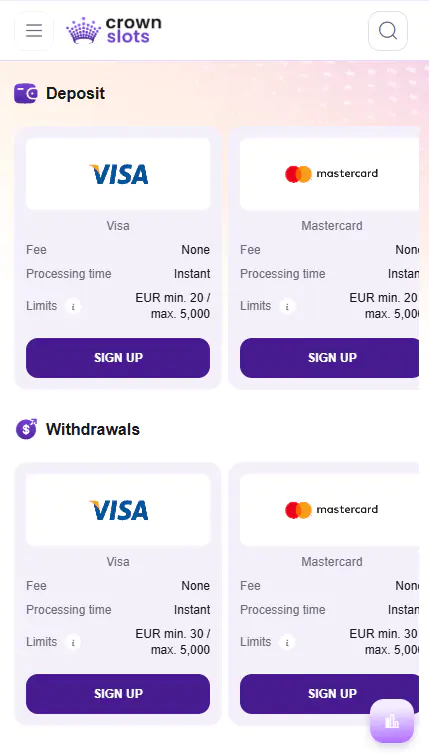 СrownSlots Casino app payment methods