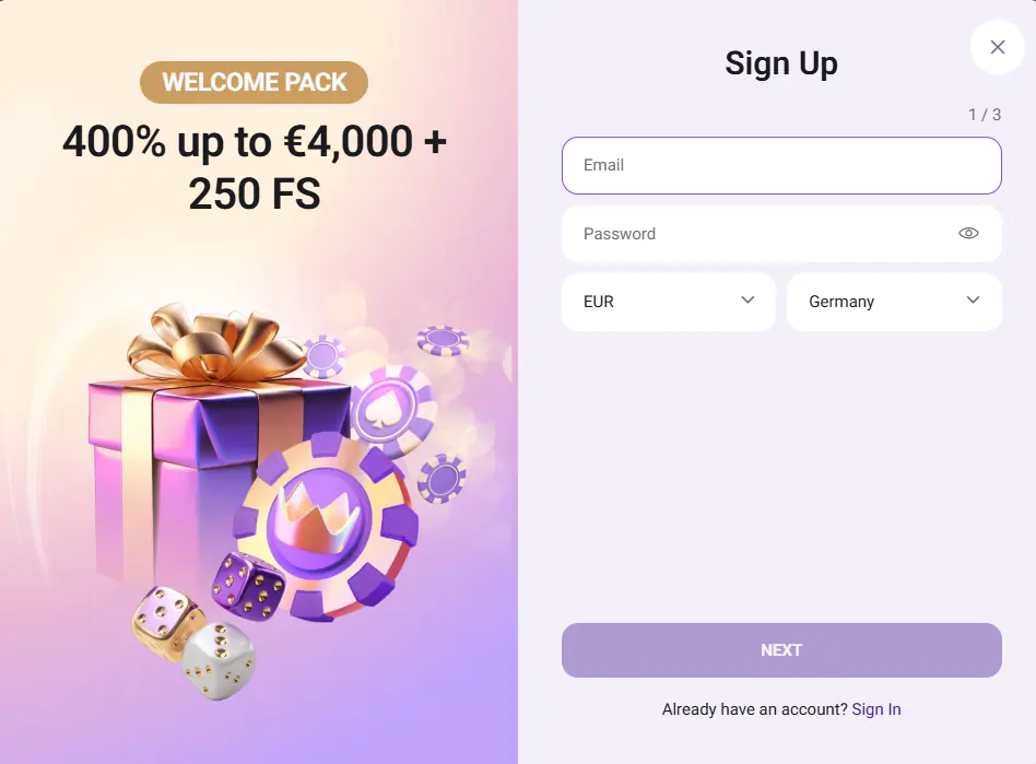 CrownSlots Account Registration Form